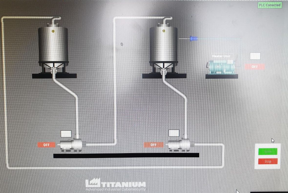 Pantalla HMI de la maqueta de control industrial de Titanium, con dos depósitos y una unidad de calentamiento
